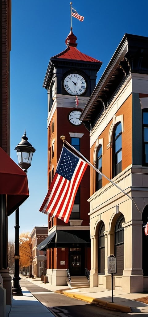 Prompt: a clock tower with a flag flying in the wind on a street corner in front of a building with a clock, Dennis Ashbaugh, regionalism, award-winning photograph, a digital rendering