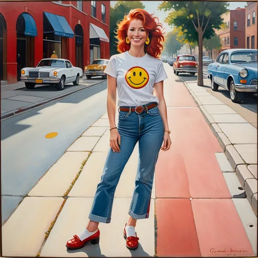 Prompt: a smiling woman with red hair with  earrings with a smiley face on them, wearing a white t-shirt with a smiley face on it, long blue jean, and  red shoes on her feet, standing on a sidewalk, 1970s oil painting,