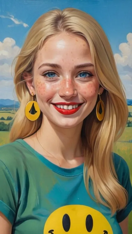 Prompt: a full-length portrait painting,
27 year-old  woman,
cover with dark freckle,
blue eyes,
long blonde hair,
red lipstick,
a smile on her face, 
gold-earrings-with-a-black-smiley-face- ON-them,  
smiley-face-T-shirt, 
with a green background and a blue sky,
1970s oil painting,
