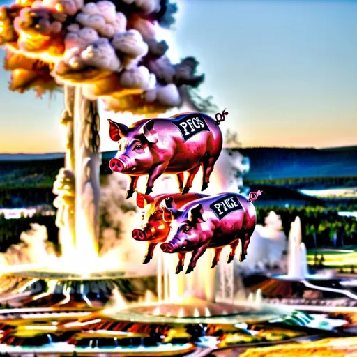 Prompt: three pigs flying over Old Faithful
