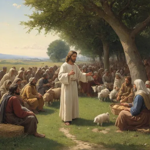 Prompt: a painting of Jesus  with a halo giving bread  and fish to a group of five thousand. people in a field with trees and people in the background, Carl Heinrich Bloch, naive art, renaissance oil painting, a storybook illustration

Then, because so many people were coming and going that they did not even have a chance to eat, he said to them, “Come with me by yourselves to a quiet place and get some rest.”

 So they went away by themselves in a boat to a solitary place.  But many who saw them leaving recognized them and ran on foot from all the towns and got there ahead of them. When Jesus landed and saw a large crowd, he had compassion on them, because they were like sheep without a shepherd. So he began teaching them many things.

By this time it was late in the day, so his disciples came to him. “This is a remote place,” they said, “and it’s already very late.  Send the people away so that they can go to the surrounding countryside and villages and buy themselves something to eat.”

 But he answered, “You give them something to eat.”

They said to him, “That would take more than half a year’s wages! Are we to go and spend that much on bread and give it to them to eat?”

 “How many loaves do you have?” he asked. “Go and see.”

When they found out, they said, “Five—and two fish.”

Then Jesus directed them to have all the people sit down in groups on the green grass. So they sat down in groups of hundreds and fifties. Taking the five loaves and the two fish and looking up to heaven, he gave thanks and broke the loaves. Then he gave them to his disciples to distribute to the people. He also divided the two fish among them all. They all ate and were satisfied, and the disciples picked up twelve basketfuls of broken pieces of bread and fish. The number of the men who had eaten was five thousand.