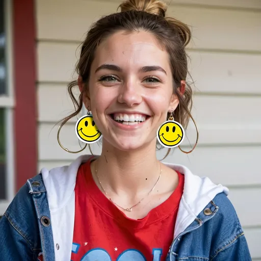 Prompt: (a full-length portrait),  
(27 year-old woman), 
(a smile on her face),
(earrings with a smiley face on it's earring hooks),  
(smiley-face t-shirt), 
(long blue jean), 
(red and blue tennis shoes),
(photo),