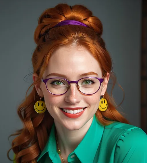 Prompt: 25-year-old woman with earrings 1970s smiley face yellow, green eyes. cover with dark freckle. long ginger hair ginger in a French braid. wearing lipstick red. broad rimmed eyeglasses purple .  yellow blouse, blue  slacks, photo, professional photo. Studio lighting, backlit, realistic lighting. hdr uhd 8k ultra-realistic render, 