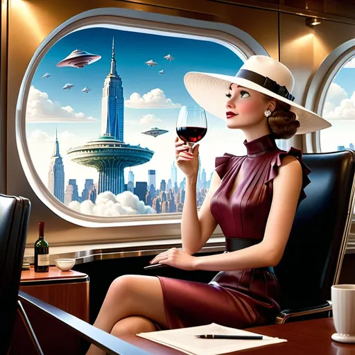 Prompt: a 21-year-old woman in a long flower print Empire Dress with a high neck line and white hat sitting at desk high rise office with a  window with a hat on her head drinking a glass of red wine,  and (( UFOs attacking New York City))  in the background with a window, Annie Leibovitz, precisionism, promotional image, an art deco painting  