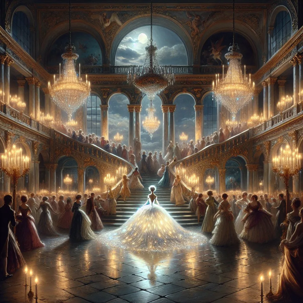 Prompt: Create a UHD, 64K, professional oil painting in the style of Carl Heinrich Bloch, blending the American Barbizon School and Flemish Baroque influences. Depict Cinderella at the grand ball, in a luxurious and opulent ballroom. Cinderella is dressed in an elegant, shimmering gown, capturing the light and casting a soft glow around her. The ballroom is adorned with crystal chandeliers, marble floors, and intricate golden decorations. Noblemen and women in lavish attire are seen dancing, chatting, and enjoying the festivities. Cinderella, standing at the top of a grand staircase, is the center of attention, with her graceful poise and radiant beauty captivating the guests. The scene is bathed in the warm light of hundreds of candles, creating an atmosphere of magic and enchantment. Outside the large, arched windows, a moonlit garden can be seen, adding to the fairytale ambiance.  