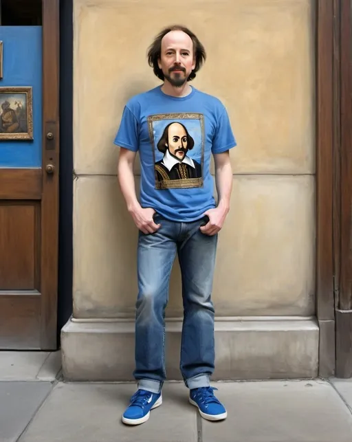 Prompt: a full-length portrait painting,
William Shakespeare,
standing on the sidewalk outside the 	Globe Theatre, 
A rock band souvenir t-shirt, 
long blue jean,
blue tennis shoes,
academic art, renaissance oil painting