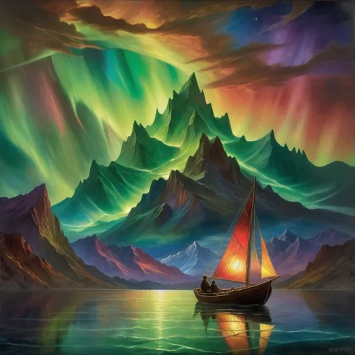 Prompt: a painting of a boat in a body of water under a sky filled with aurora lights and a mountain, Albert Bierstadt, space art, apocalypse, a painting