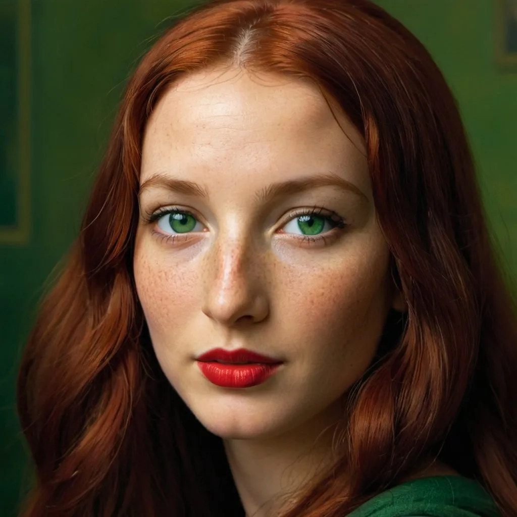 Prompt: Mona Lisa, freckle, red hair, green eyes, red lipstick