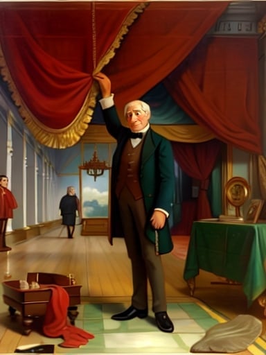 Prompt: a painting of Charles Willson Peale holding up a red curtain  in a room  to reveal His Museum by  Charles Willson Peale, american scene painting, painting, a painting