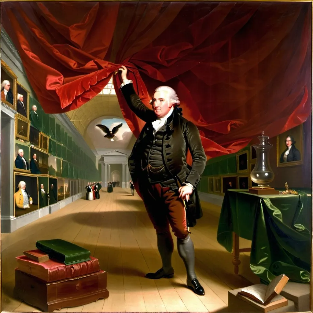 Prompt: a painting of Charles Willson Peale holding up a red curtain  in a room  to reveal His Museum by  Charles Willson Peale, american scene painting, painting, a painting