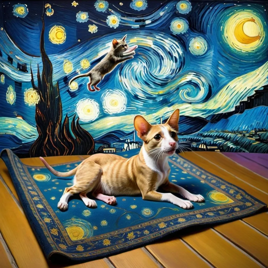Prompt: a dog,  a cat,  a mouse, flying on a "magic carpet" in "The Starry Night" by Vincent van Gogh