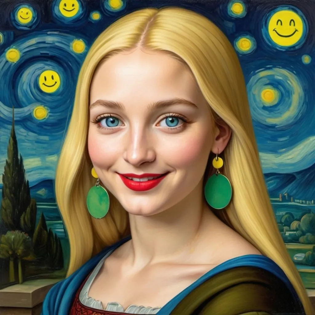 Prompt: a painting of Mona Lisa blue eyes  long blonde hair, red lipstick, on a smile on her face "yellow smiley face earrings", with a green background and a blue sky, Fra Bartolomeo, academic art, renaissance oil painting, a painting in the style of "The Starry Night" by Vincent van Gogh 