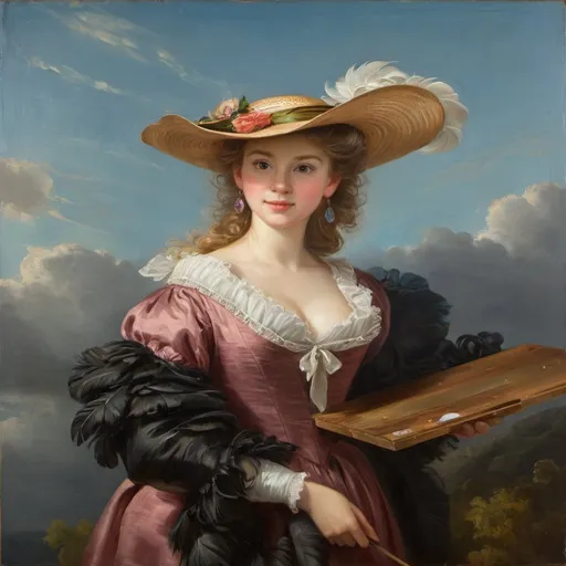 Prompt: a painting of a woman in a hat holding a flat wooden painting pallet with dollops of paint on it and a long feathered hat on her head, Élisabeth Vigée Le Brun, rococo, painting, a painting

Self-portrait in a Straw Hat (French: Autoportrait au chapeau de paille, Dutch: Zelfportret met strohoed) Self-portrait in a straw hat can be seen primarily as a study of the effect of light, in the spirit of Rubens. Partly because her eyes fall into the shadow of the hat, the viewer's gaze is immediately drawn to the neck lit from below, which widens into her central décolleté. In the other parts of the work she manages to reintroduce the brilliant shine of directly reflected natural light into the spirit of her great example. She shows herself in the open air against a cloud-moving, but calm sky, which contrasts particularly in the colour composition with the multi-coloured depiction of herself as a painter. More than Rubens, who places a strong emphasis on the chest of his model, she portrays herself as a complete, emancipated personality (wikipedia)