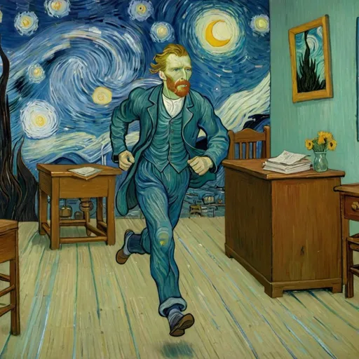 Prompt: "Vincent van Gogh" running in late for a college class in  "The Starry Night" 