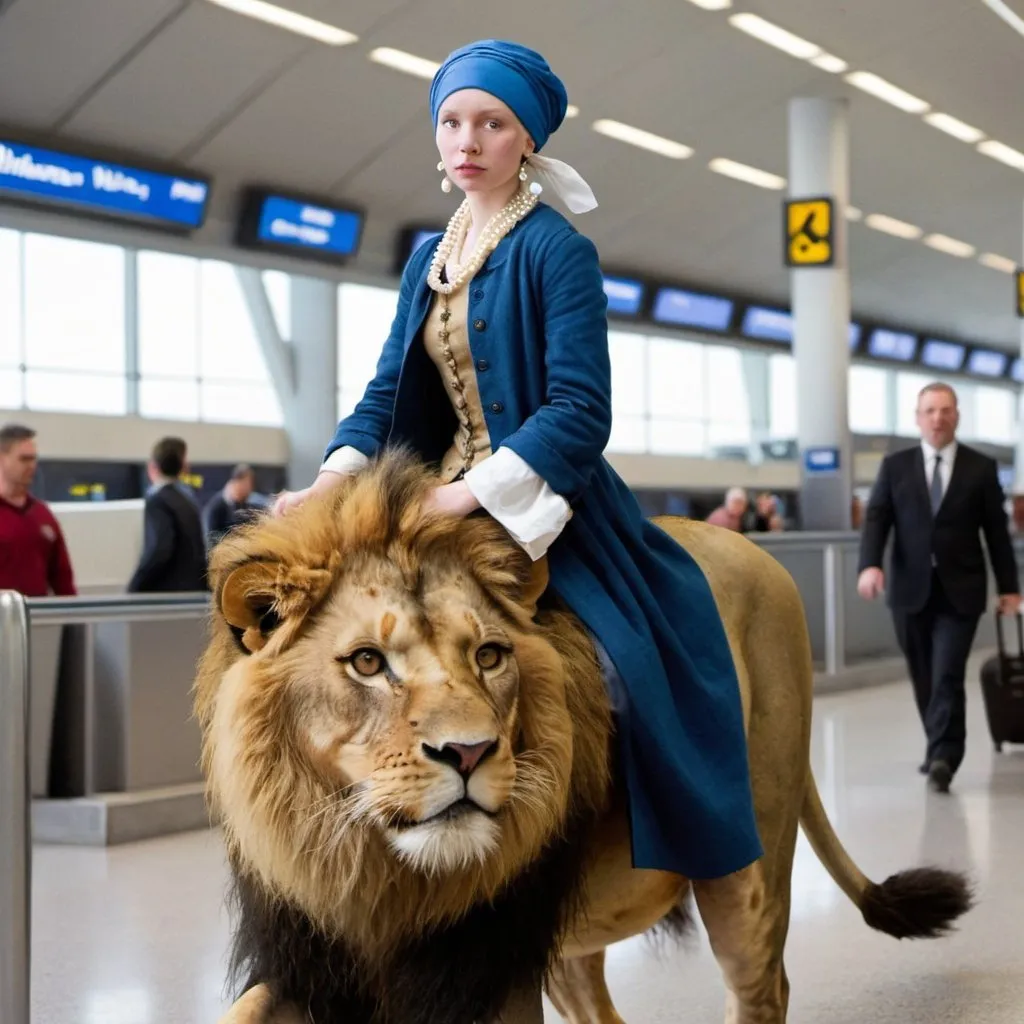 Prompt: "the girl with the pearl earring"   riding a  lion in  an airport