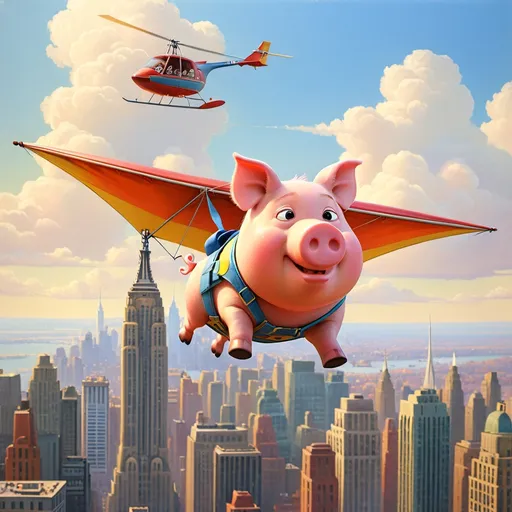 Prompt: a  pig ,  flying over New York city  on hang glider, 1970s oil painting,

