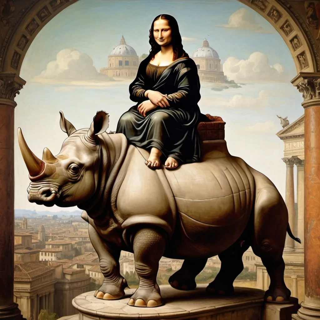 Prompt: Mona Lisa riding a Rhinoceros stacking  the ancient city of Rome