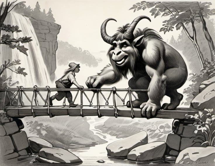 Prompt: a drawing of a troll  blocking a goat from crossing a bridge. the  troll  is standing on rock under the bridge,  troll 's hands is on the bridge, the troll 's nose  is blocking  the bridge,  troll 's head is over the bridge.  a storybook illustration

 image from  Tales and tags; rhymes by [Latham, Azubah Julia] (1918)