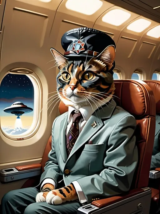 Prompt: a  anthropomorphic Tortoiseshell  cat sitting on an airplane seat with a hat on his head and a UFO in the night shy in the background with a window, Annie Leibovitz, precisionism, promotional image, an art deco painting