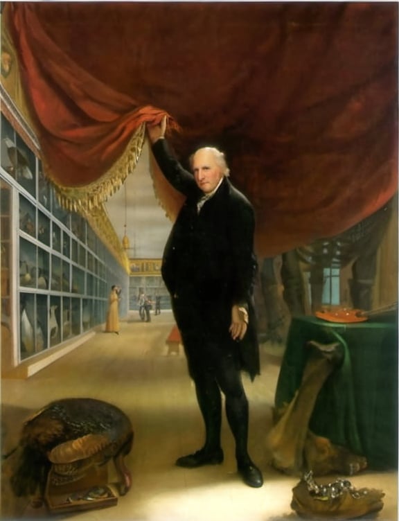 Prompt: a painting of Charles Willson Peale holding up a red curtain  in a room  to reveal His Museum by  Charles Willson Peale, american scene painting, painting, a painting