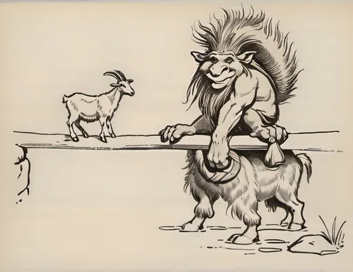 Prompt: a drawing of a troll  blocking a goat from crossing a bridge. the  troll  is standing on rock under the bridge,  troll 's hands is on the bridge, the troll 's nose  is blocking  the bridge,  troll 's head is over the bridge.  a storybook illustration

 image from  Tales and tags; rhymes by [Latham, Azubah Julia] (1918)