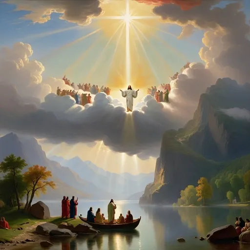Prompt: a painting of a scene  for The New Testament of the bible,
Jesus'  glorified body  is ascending into the clouds, 
Albert Bierstadt,
hudson river school, 
oil painting,
UHD,
 64K