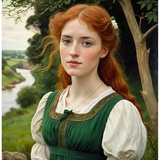 Prompt: a painting of a woman with red hair and a green dress and a white shirt and a tree and a river, Anne Said, pre-raphaelitism, pre - raphaelite, an ultrafine detailed painting

Anne Shirley at age of 21, by L. M. Montgomery