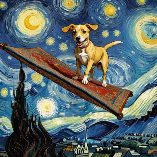 Prompt: a dog  flying on a "magic carpet" in "The Starry Night" by Vincent van Gogh