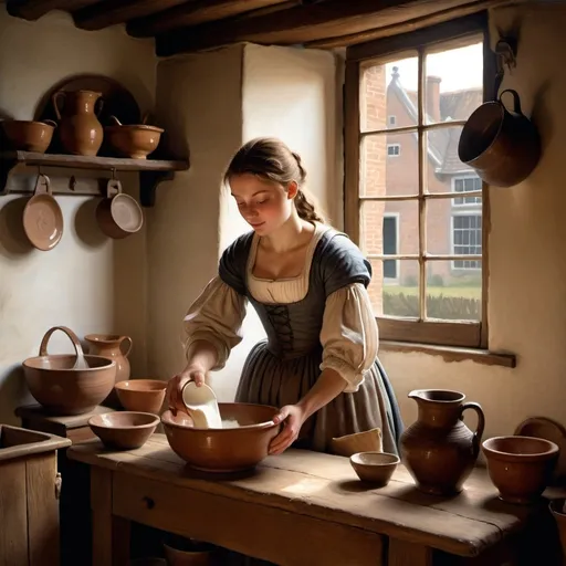 Prompt: A painting of A robust young woman   pouring milk from a "Stoneware Pitcher" in to a bowl in a humble kitchen, with soft, natural light filtering through a window. The setting is a modest 17th-century Dutch kitchen, with rich, warm hues for the clothing and cool, muted tones for the background, rendered in exquisite realism.