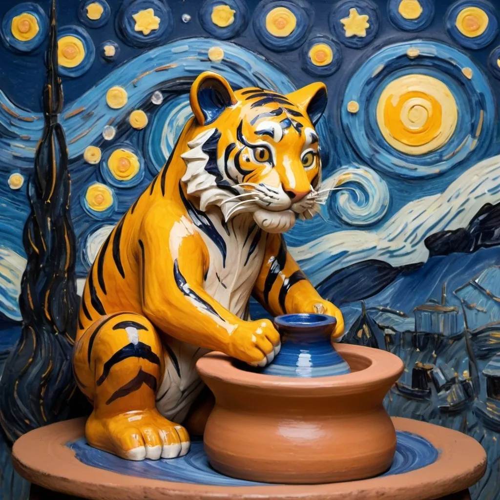 Prompt: a tiger  making pottery on pottery wheel in the style of "The Starry Night" by Vincent van Gogh
