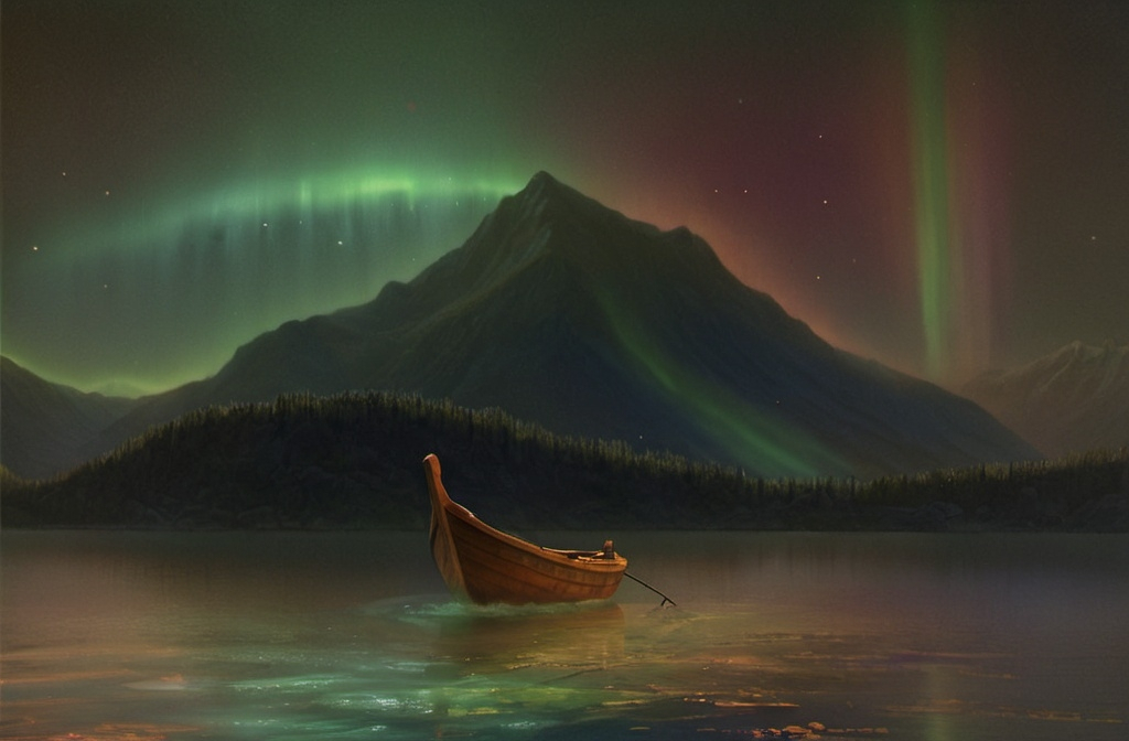 Prompt: a painting of a boat in a body of water under a sky filled with aurora lights and a mountain, Albert Bierstadt, space art, apocalypse, a painting