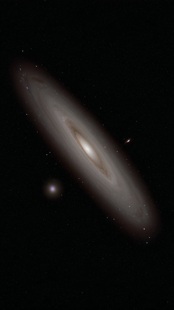 Prompt: The Andromeda Galaxy M31 
a very large object in the sky with stars around it and a black background with a white dot on the bottom,  naturalism, astrophotography, an ambient occlusion render