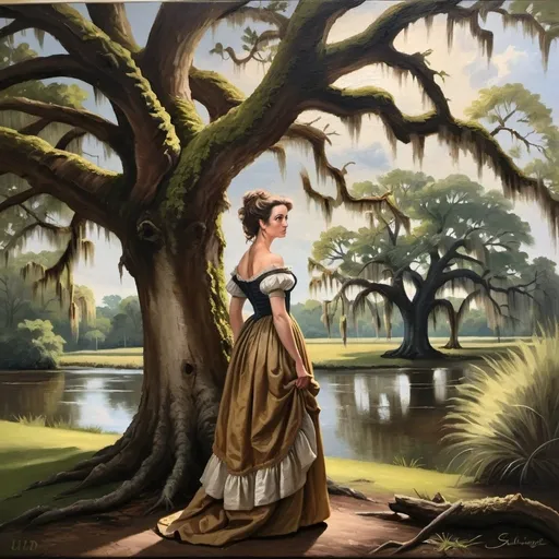 Prompt: Prompt: Create a UHD, 64K, professional oil painting in the style of 18th-century French art, inspired by the story of Evangeline. Depict Evangeline standing under a large oak tree draped with Spanish moss, gazing out at the Bayou, 