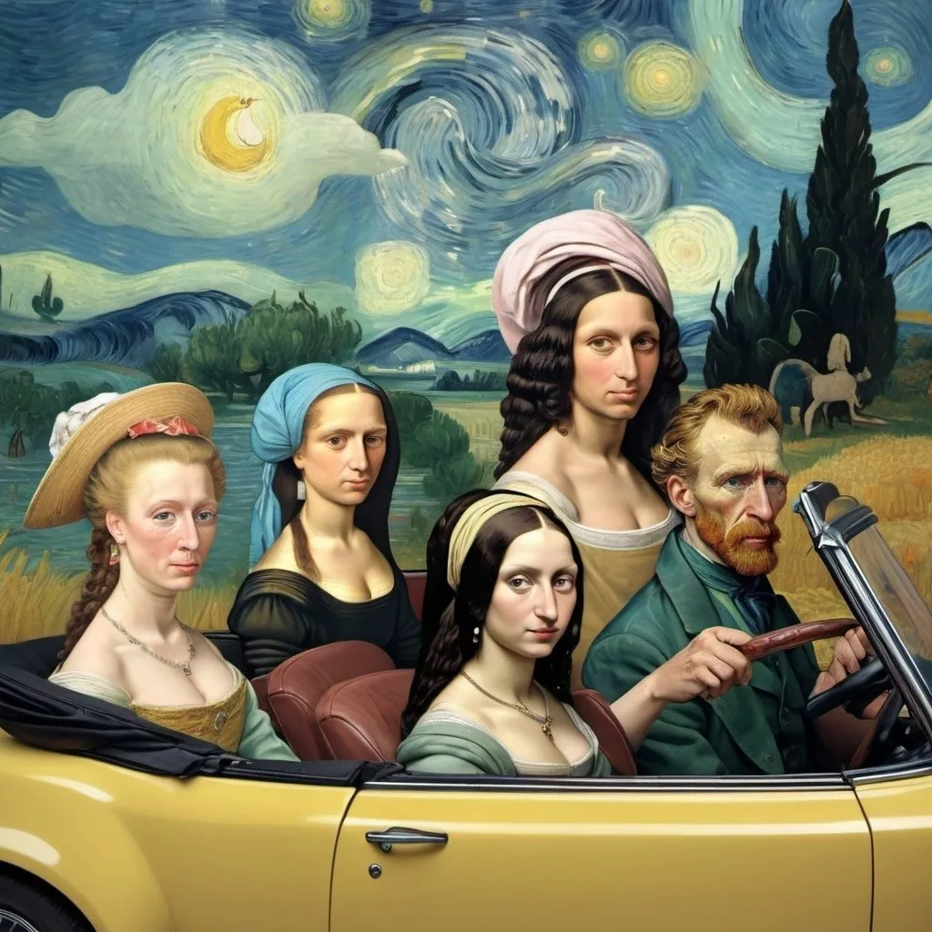 Prompt: Vincent van Gogh  driving a convertible with, Mona Lisa,  Helen of Troy, and   Marie Antoinette 