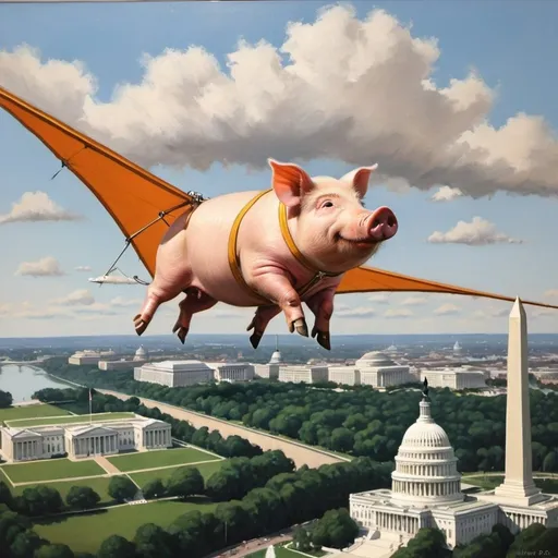 Prompt: a pig,  flying over washington DC on hang glider, 1970s oil painting,

