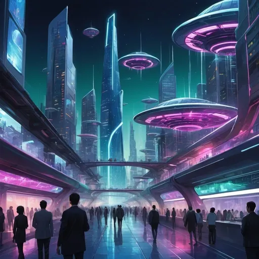 Prompt: **Art Prompt: Futuristic Cityscape**

Create a vibrant and dynamic image of a futuristic cityscape. Imagine a sprawling metropolis set in the distant future, where towering skyscrapers made of shimmering glass and steel pierce the sky. The city is bathed in neon lights of electric blue, fuchsia, and emerald green, casting a colorful glow that reflects off the sleek, modern buildings. 

In the foreground, include a bustling street filled with diverse, futuristic vehicles such as hovering cars, motorcycles, and sleek, magnetic levitation trains zipping by on elevated tracks. Pedestrians walk along transparent sidewalks, wearing stylish, high-tech clothing with built-in holographic displays.

In the background, feature towering structures with unconventional, geometric designs, such as spirals, arches, and floating platforms interconnected by suspended bridges. Integrate elements of greenery with vertical gardens and rooftop parks, emphasizing the harmony between nature and advanced technology.

Above the city, let there be flying drones and autonomous delivery bots, adding to the futuristic feel. The sky is a deep indigo, dotted with distant stars and crisscrossed by the trails of flying crafts.

Incorporate a diverse palette of colors, emphasizing the bright neon lights against the dark night sky. Use a mix of digital painting techniques, such as glowing effects and sleek, sharp lines, to convey the advanced and energetic atmosphere of this futuristic city.