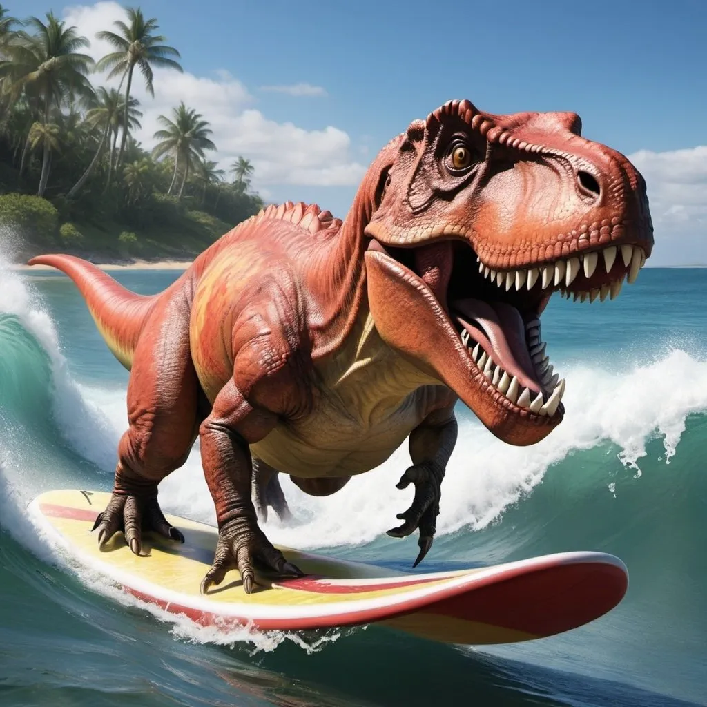 Prompt: tyrannosaurus riding surfboard  going for the tube