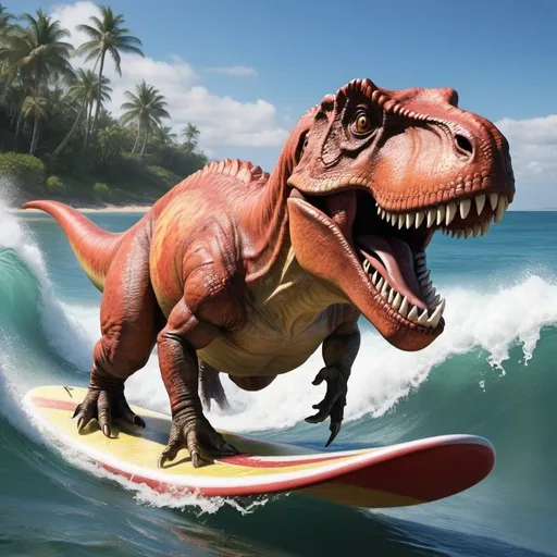 Prompt: tyrannosaurus riding surfboard  going for the tube