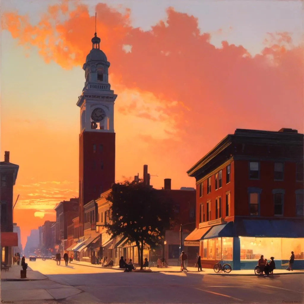 Prompt: <mymodel>a painting of a clock tower in a city at sunset with people sitting on the sidewalk and a building in the background, Alson S. Clark, american scene painting, edward hopper and james gilleard, a digital rendering