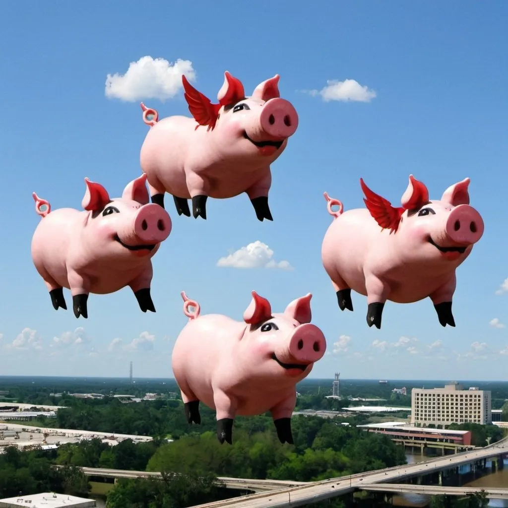 Prompt: three pigs flying over baton rouge 
