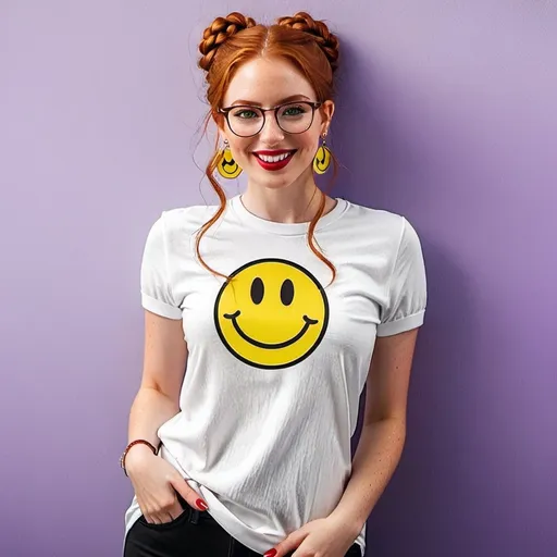 Prompt:  25-year-old woman, green eyes. cover with dark freckle. long ginger hair ginger in a French braid. wearing lipstick red. broad rimmed eyeglasses purple

 the woman is wearing  earrings.

the earrings has a yellow smiley face  

