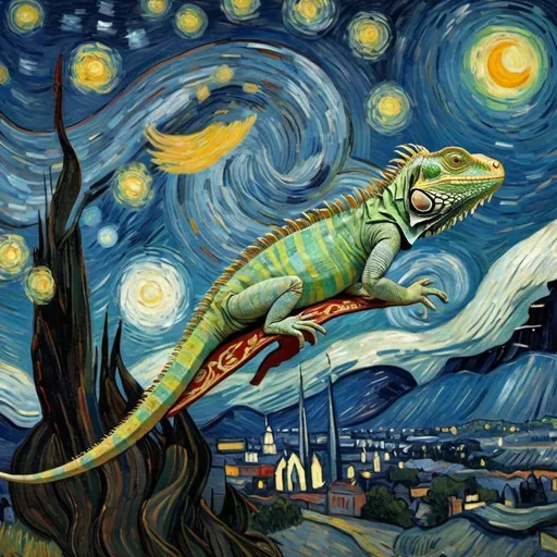 Prompt: a Iguana flying on a "magic carpet" in "The Starry Night" by Vincent van Gogh