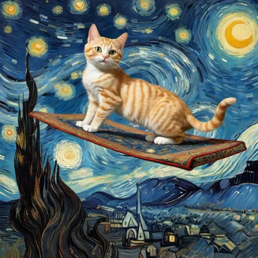 Prompt: a cat flying on a "magic carpet" in "The Starry Night" by Vincent van Gogh