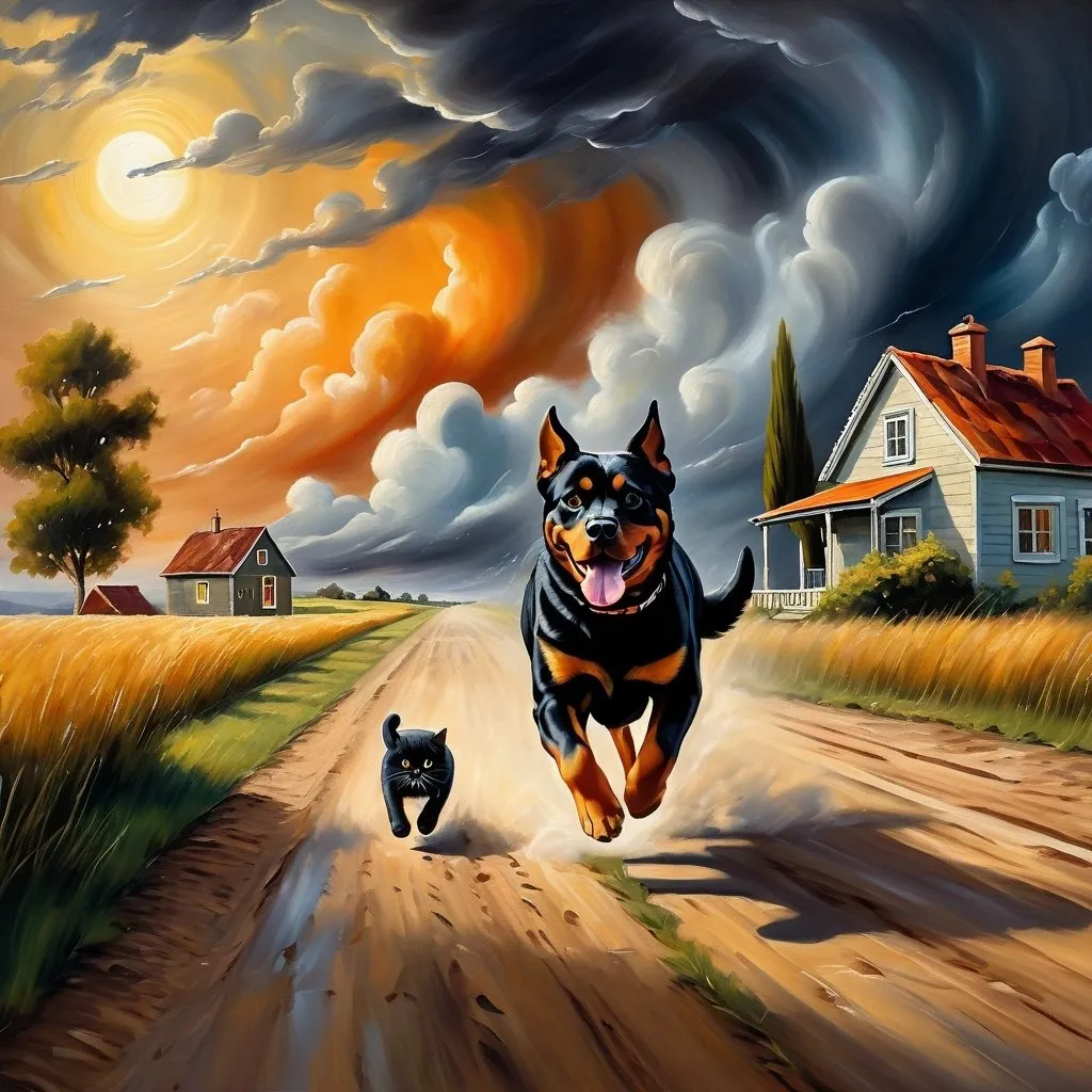 Prompt: a  painting of a scene from a cat seeing himself  in a dream,
chasing a very large rottweiler the dog is running away from the cat on a dirt road with a house in the background and a storm cloud in the sky, , 
oil painting,
UHD,
64K