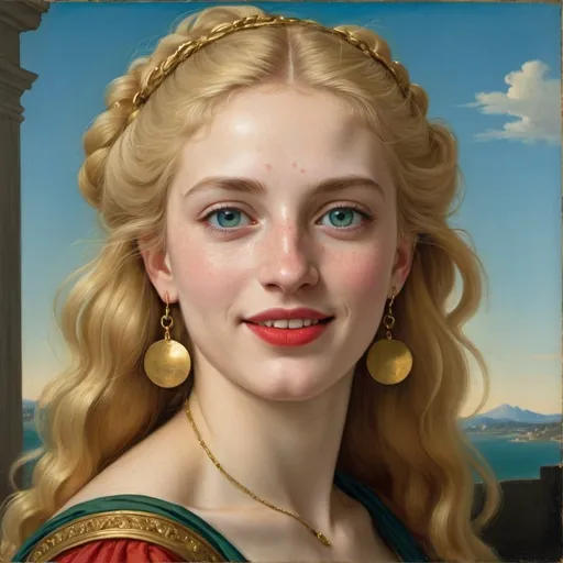 Prompt: a painting of Helen of Troy cover with dark freckle blue eyes  long blonde hair red lipstick  on a smile on her face, "gold earrings" with a green background and a blue sky, Fra Bartolomeo, academic art, renaissance oil painting, a painting 