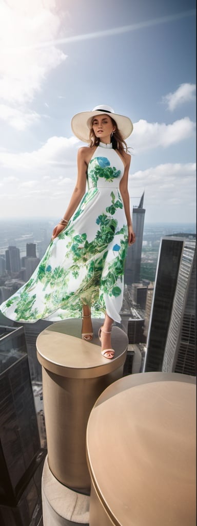 Prompt: a detailed photo of a  (a 21-year-old woman in a long flower print Empire Dress with a high neck line and white hat)) standing facing us on the skyscraper spire of the tallest skyscraper.  