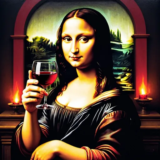 Prompt: Mona Lisa holding a wine glass containing  red hot lava  at night 