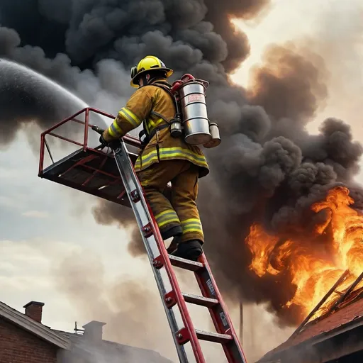 Prompt: A painting of a brave firefighter, standing on top of the raise  ladder of a laddertruck, 
a  battling a fire with a running  fire hose in his hand, 
a raging fire in the background, side profile, heroic painting, a matte painting.
UHD, 64K