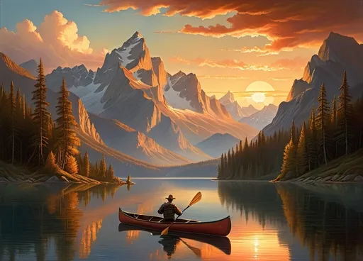 Prompt: a painting of a man in a canoe on a lake with mountains in the background and a sunset in the sky, Christophe Vacher, american scene painting, highly detailed digital painting, a detailed matte painting
