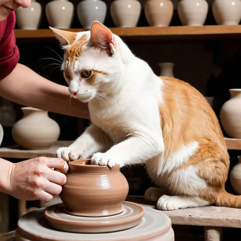 Prompt: a cat making pottery on pottery wheel